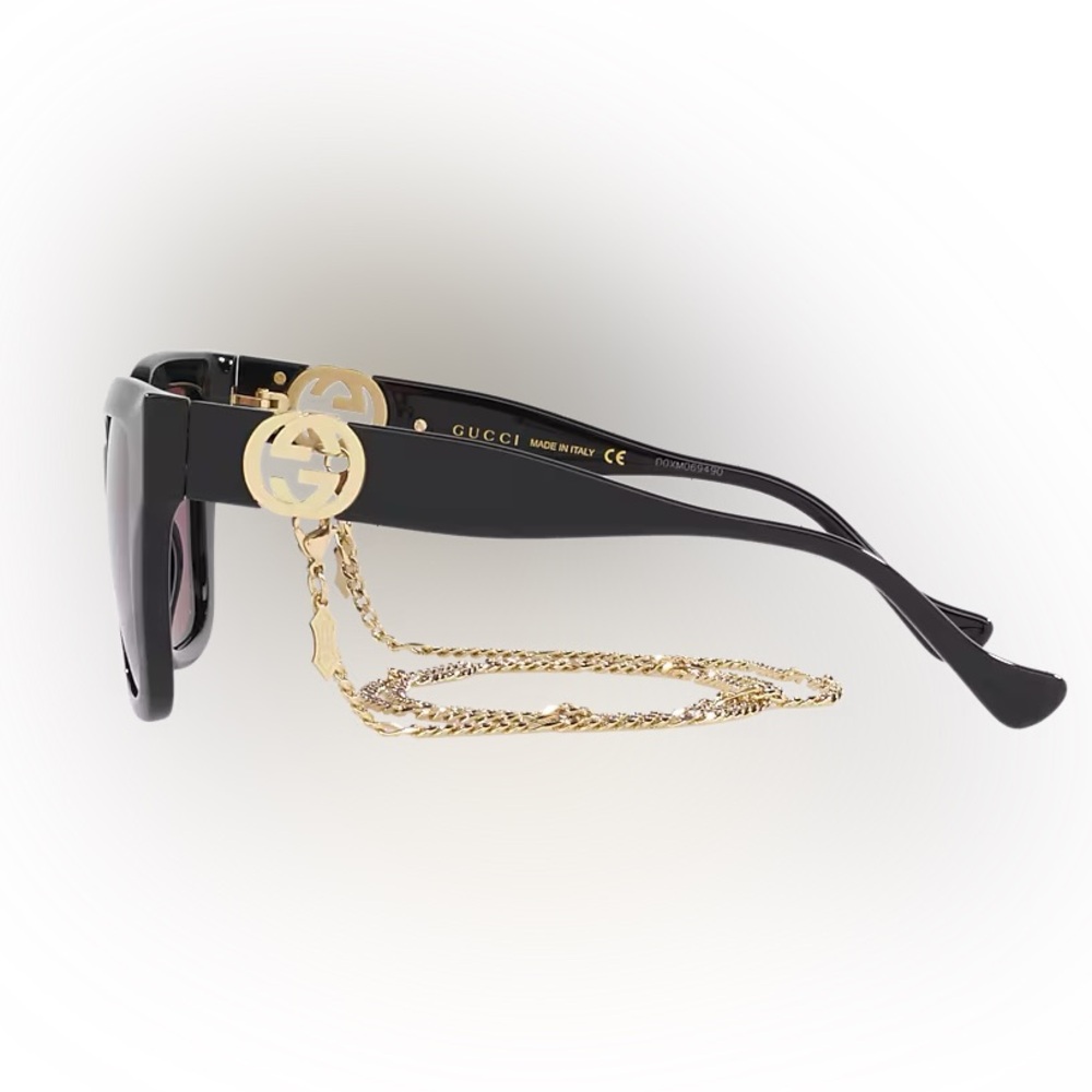 Gucci Black Square Sunglasses with Brown Lenses and Gold Chain Accent - Picture 2 of 8